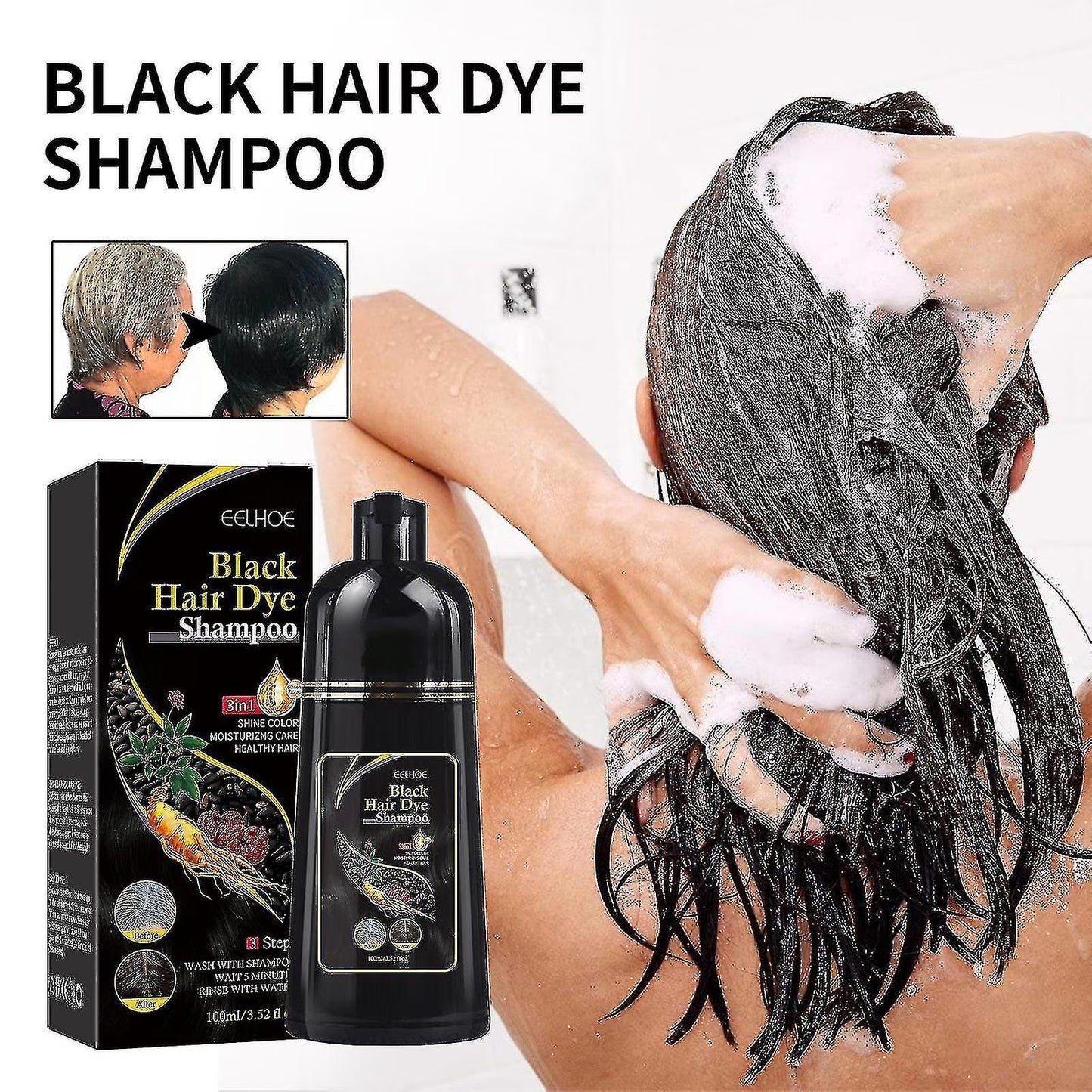 Shampoo Black Hair Dye 3 en 1